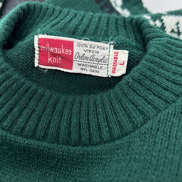 Vintage 60s Men's Green Milwaukee Knit Orlon Acrylic Christmas Crewneck Sweater - Picture 3 of 5